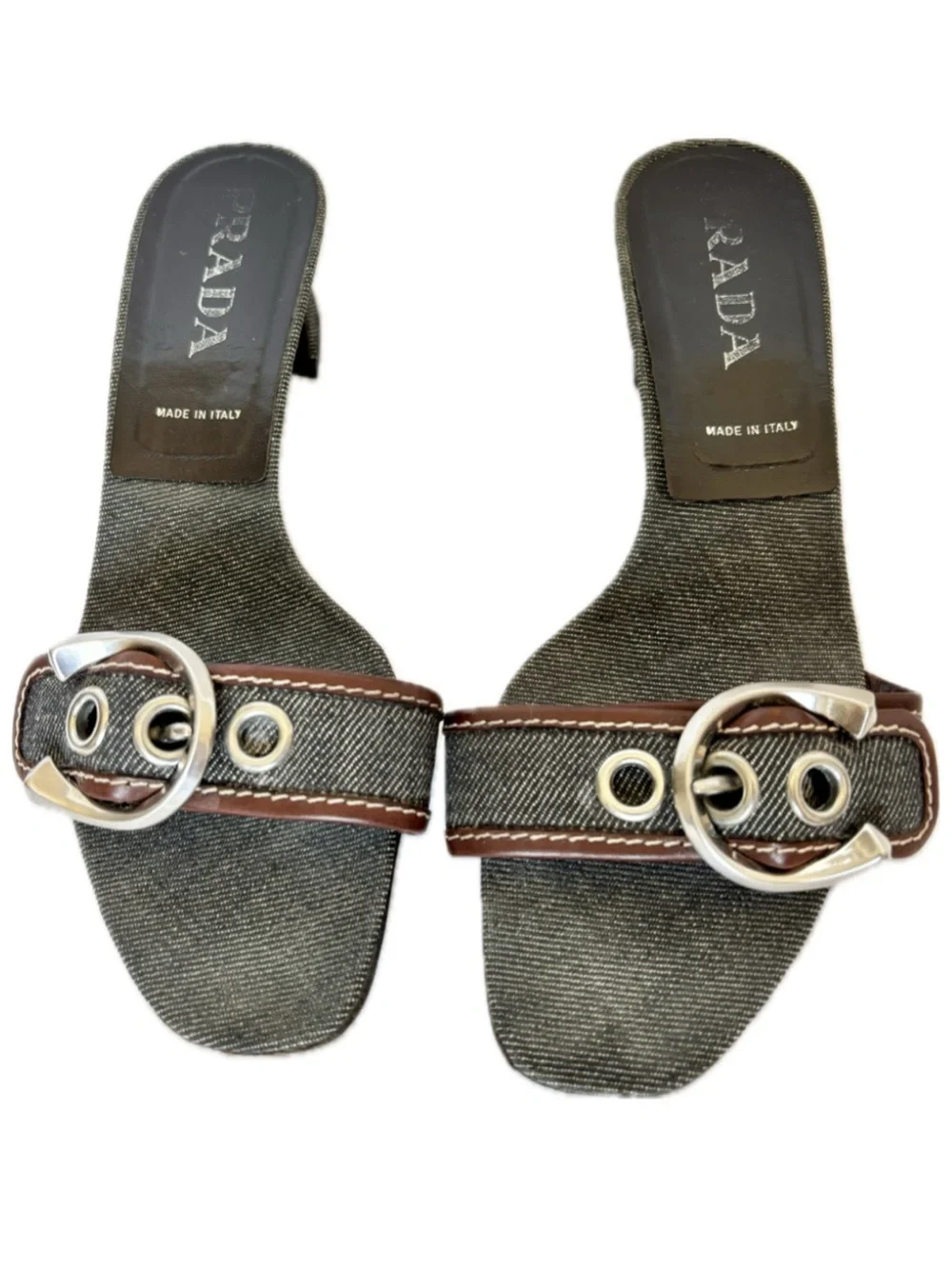 PRADA VINTAGE Silver Buckle Dark Blue Denim Leather Slide Sandals IT Size 38 1/2
